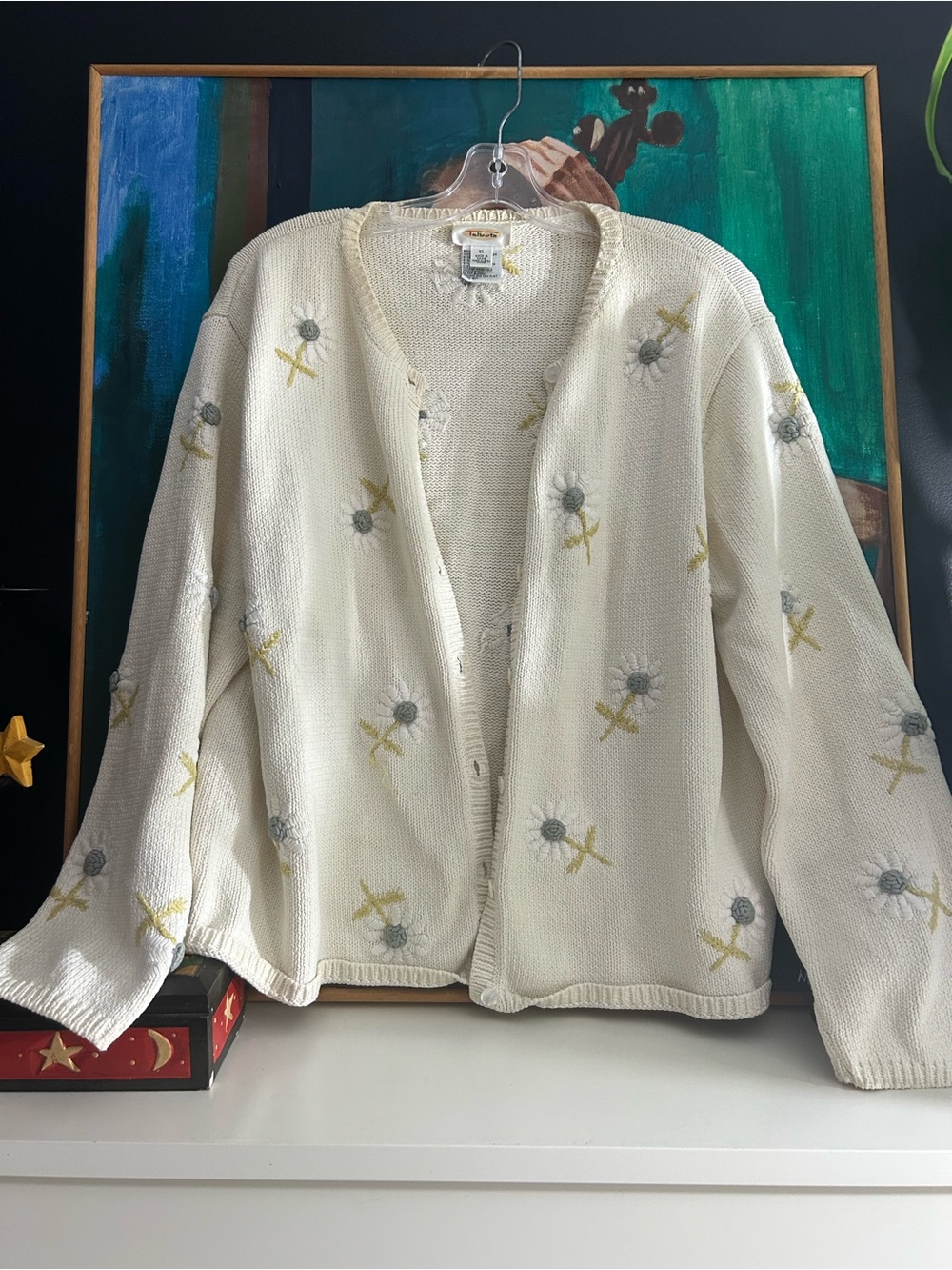 Talbots Embroidered Floral Cardigan Ivory Knit Button Front Sweater XL Boho